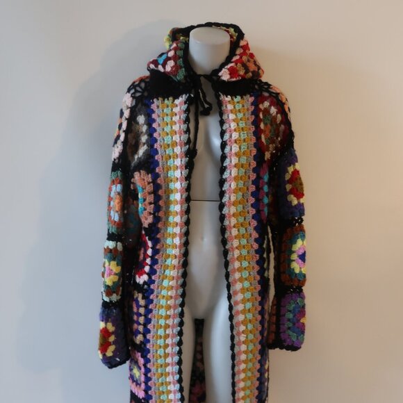 NWT Womens Tina Demel Multicolor Hood Granny Square Crochet Cardigan Sweater M/L - Picture 1 of 13